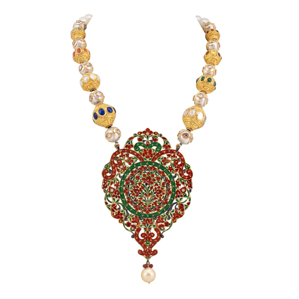 Traditional Polki Pendant Necklace with Multicolor Navratana Talaf